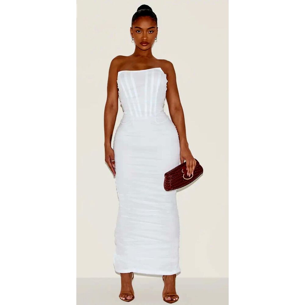 White Mesh Corset Bandeau Maxi Dress